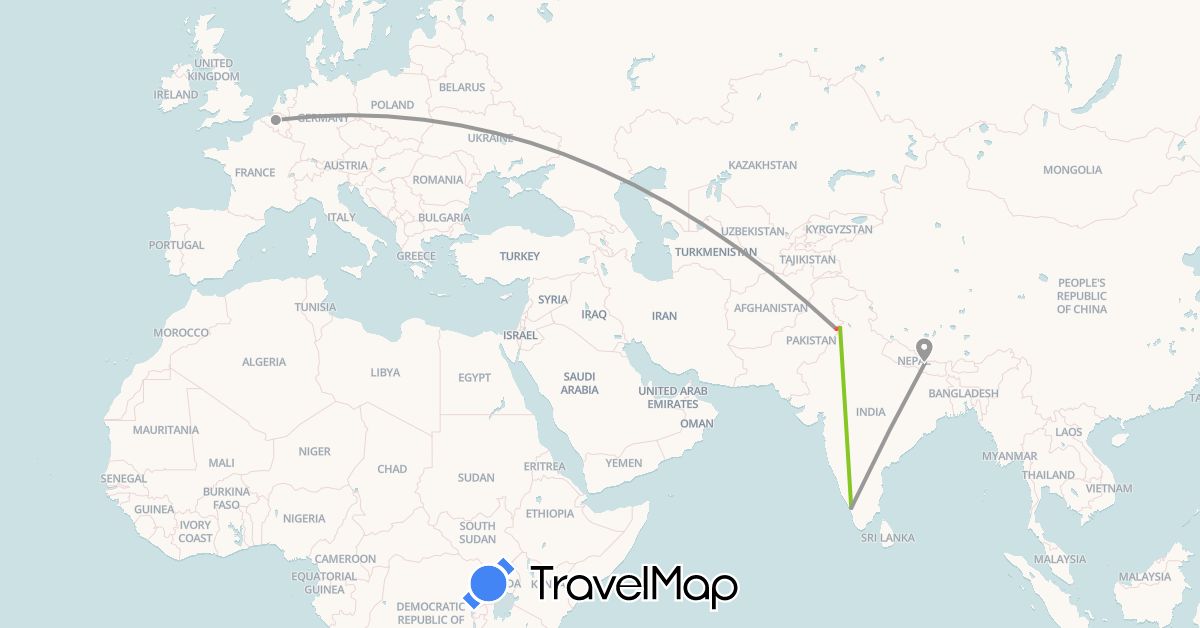 TravelMap itinerary: plane, hiking, electric vehicle in Belgium, India, Nepal, Pakistan (Asia, Europe)